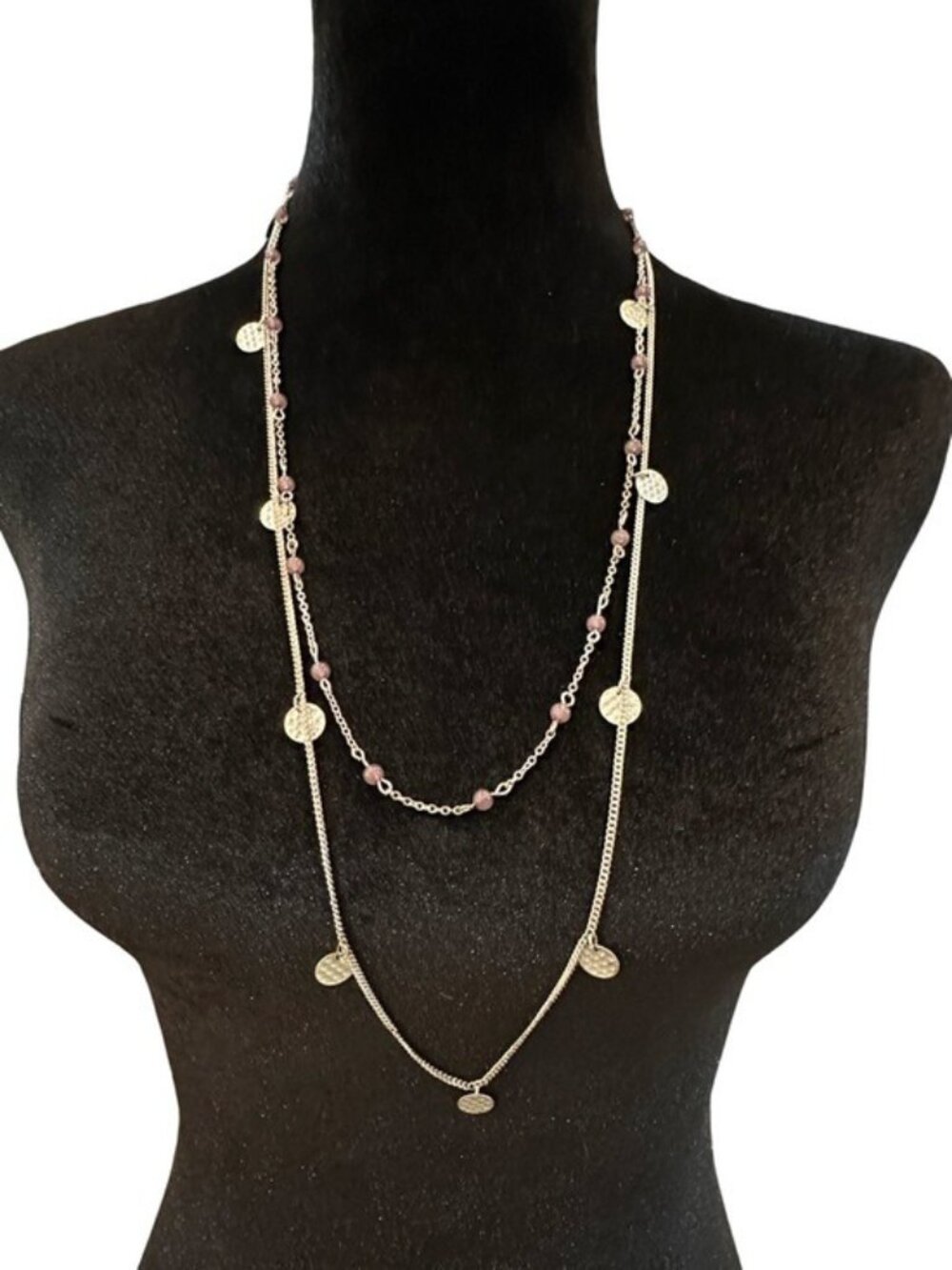 Mark Necklace Layered Two Tier Purple Beaded Coin Accents 28 - 30 Inches Womens